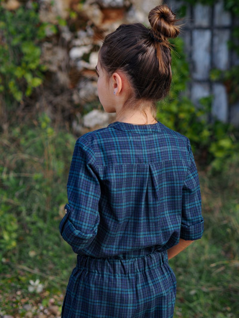 Camisa cuello mao tartan azul