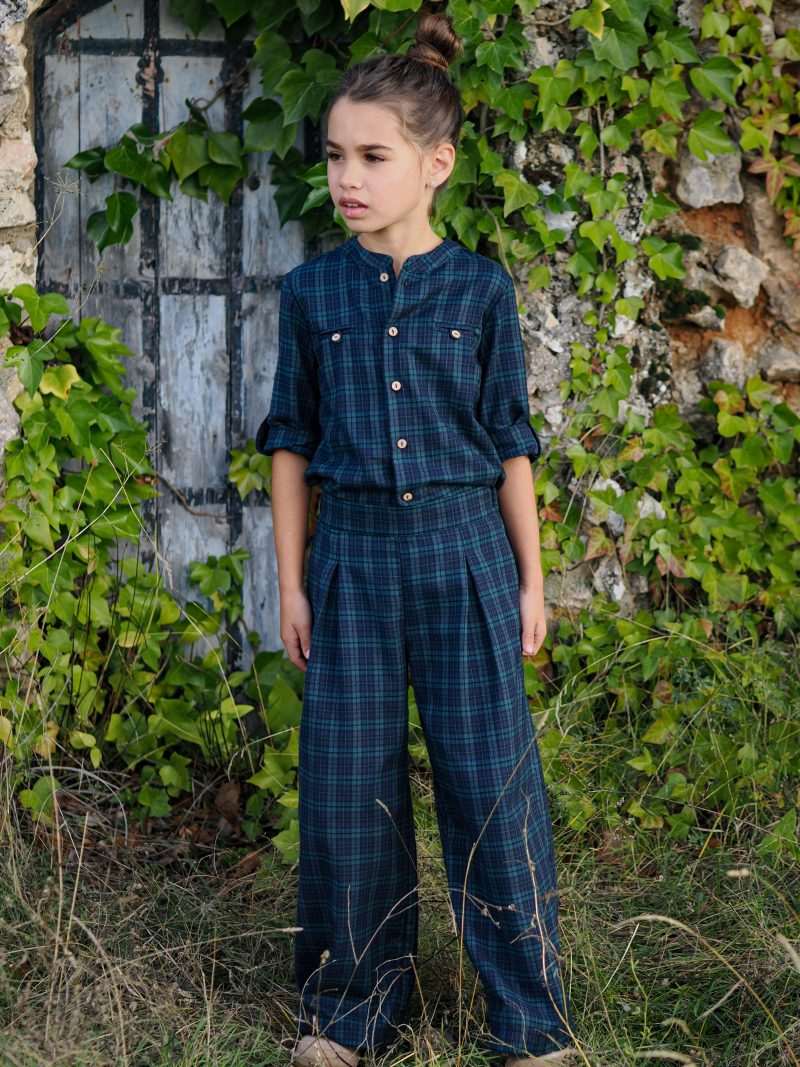 Camisa cuello mao tartan azul