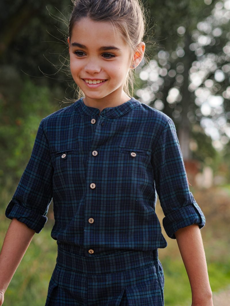 Camisa cuello mao tartan azul