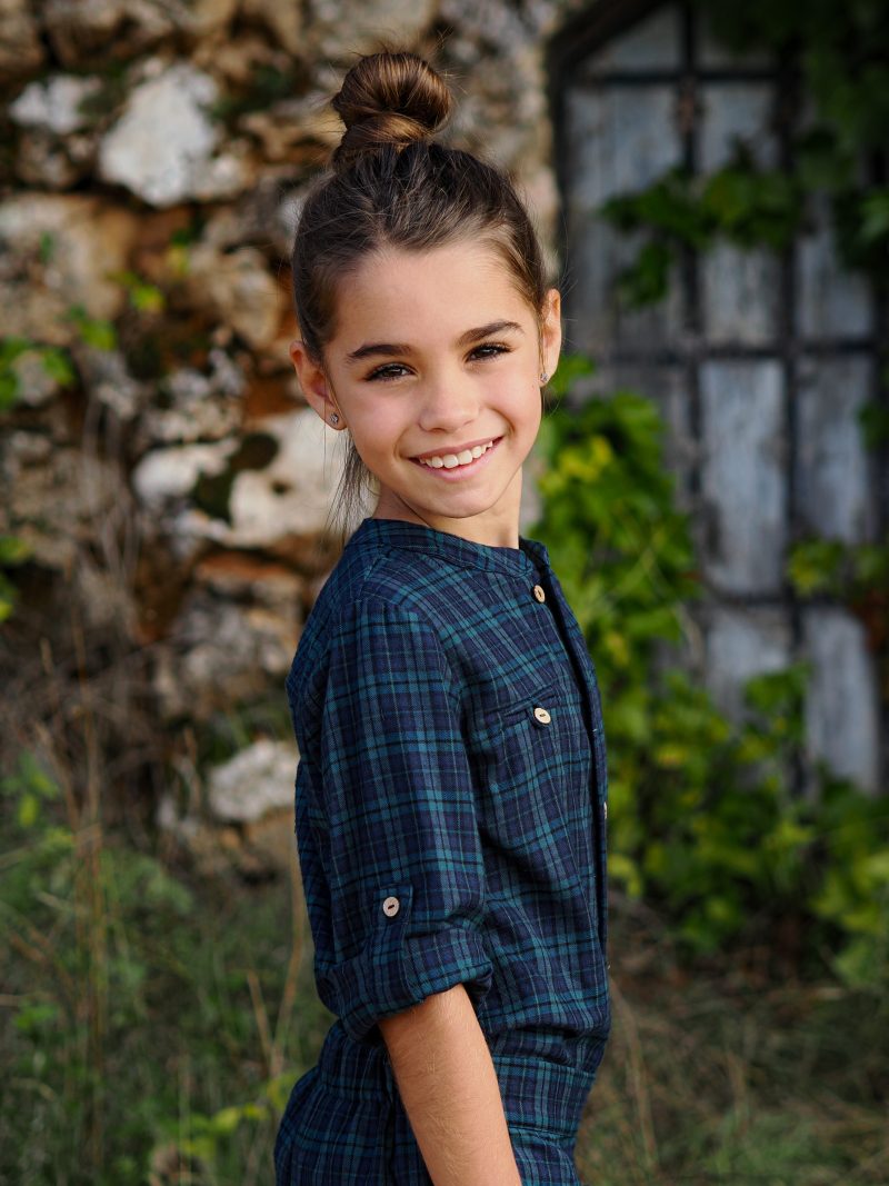 Camisa cuello mao tartan azul
