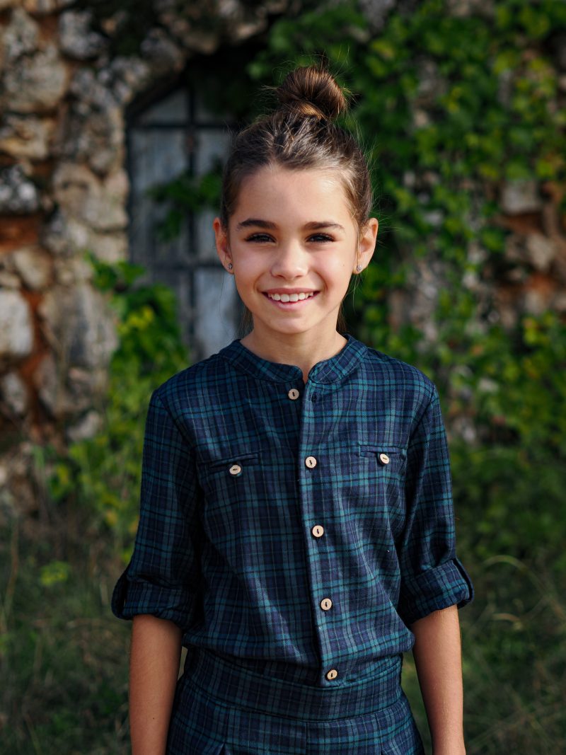Camisa cuello mao tartan azul