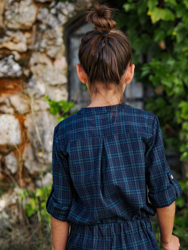 Camisa cuello mao tartan azul